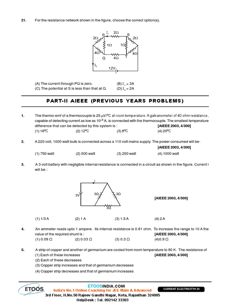 AIEEE Current Electricity Problems | PDF | Series And Parallel Circuits ...