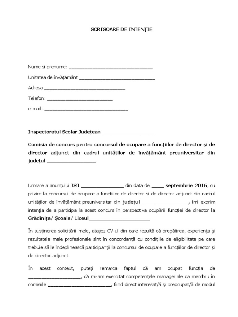 Model Scrisoare de Intentie