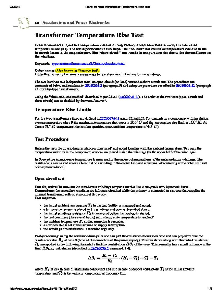 Technical Note - Transformer Temperature Rise Test | PDF | Transformer ...