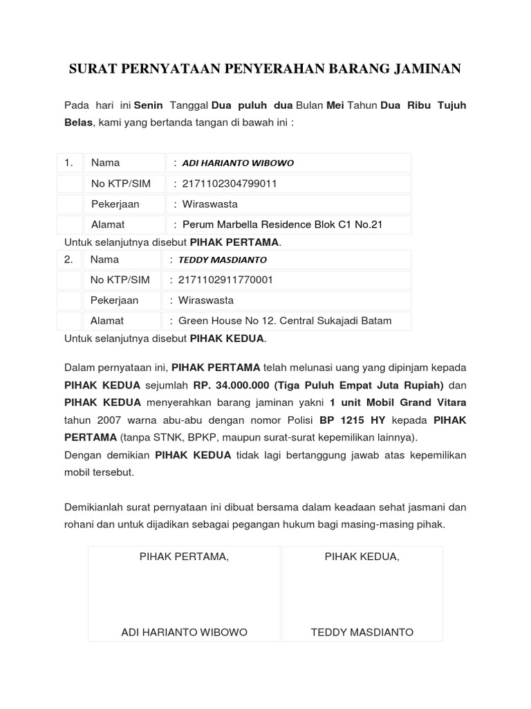 Format Surat Penyerahan Segala Dokumen