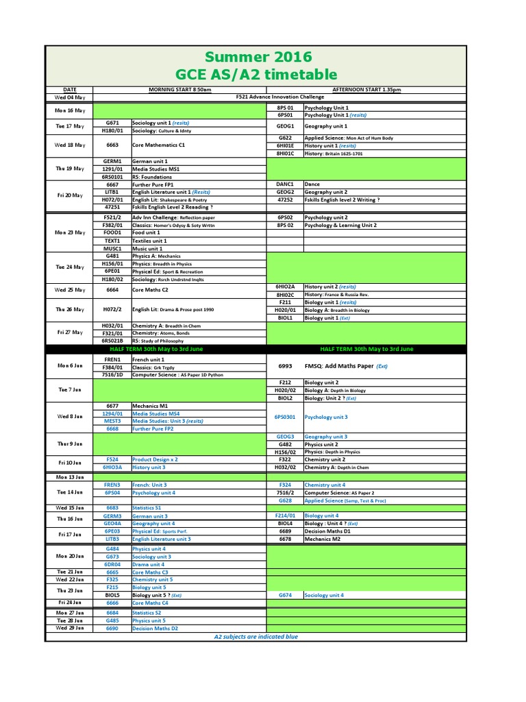 GCE Exams Timetable Summer 2016 | PDF | Academia | Science