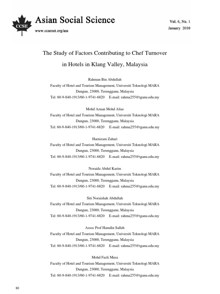 The Study of Factors Contributing To Chef Turnover in Hotels in Klang