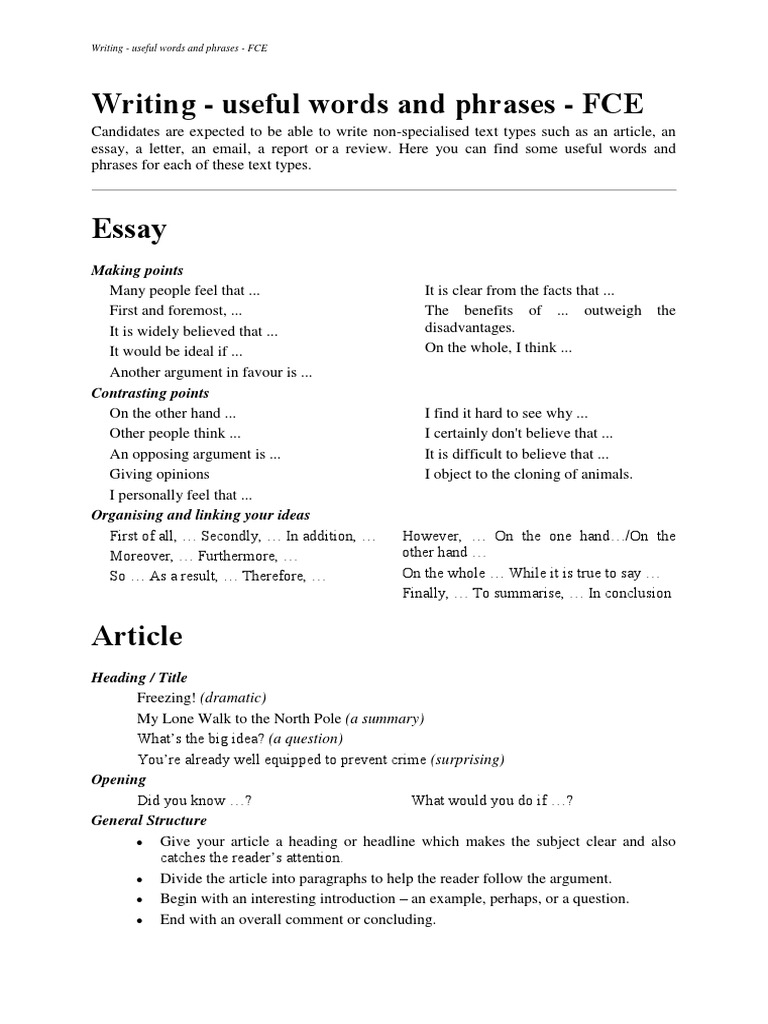 Writing - Useful Words and Phrases - FCE  PDF  Essays  Phrase
