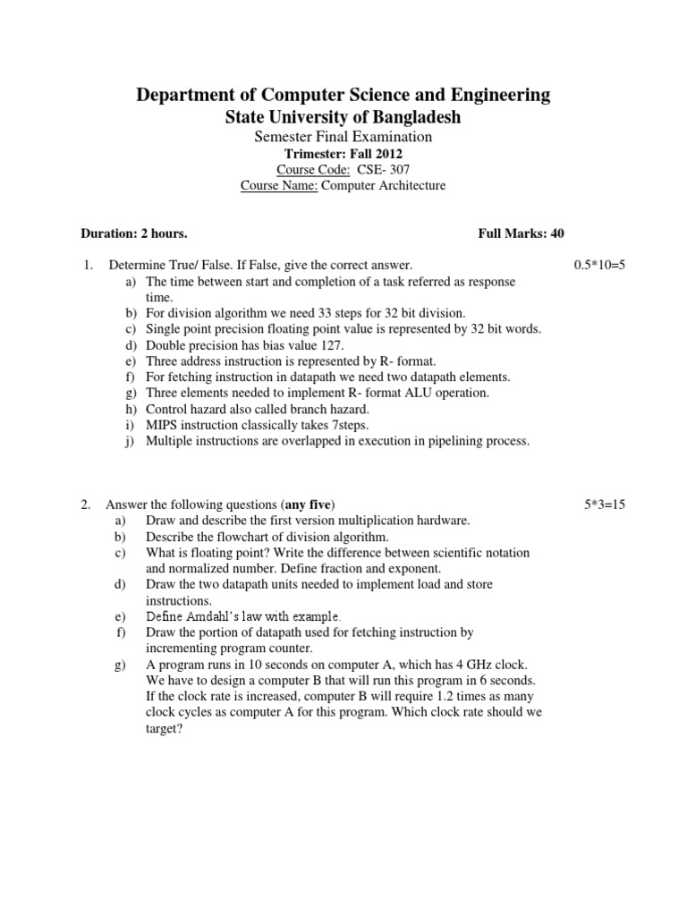 Computer Architecture Exam Analyzing Computer Performance Through