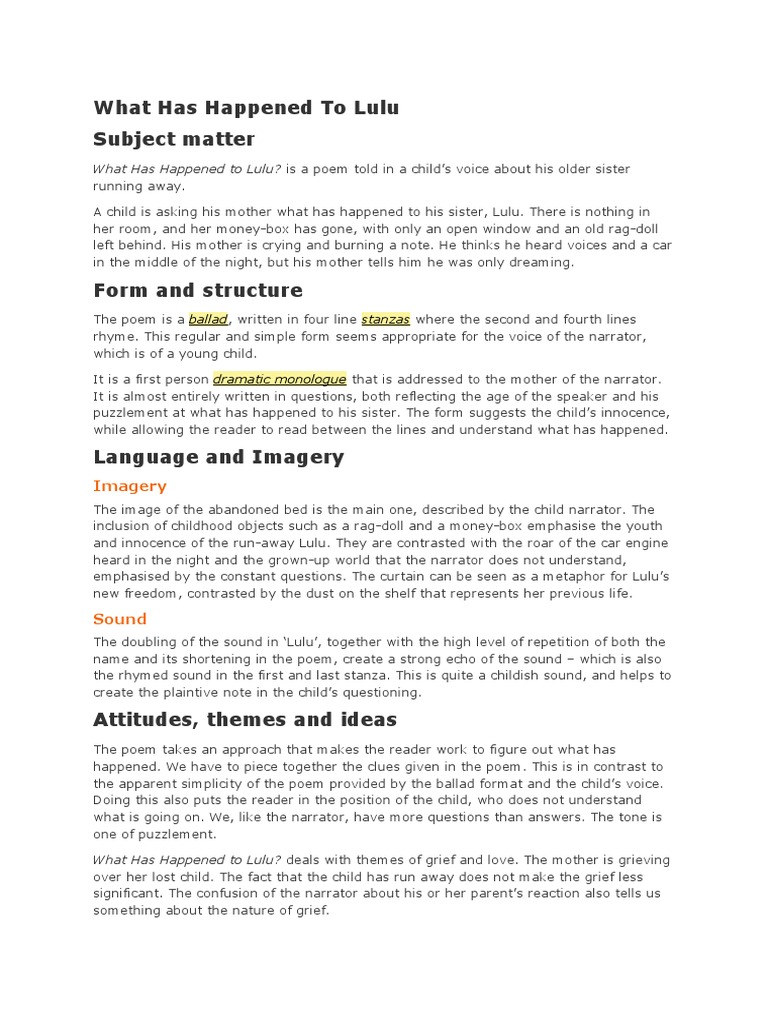 What Has Happened To Lulu | PDF | Poetry | Narration