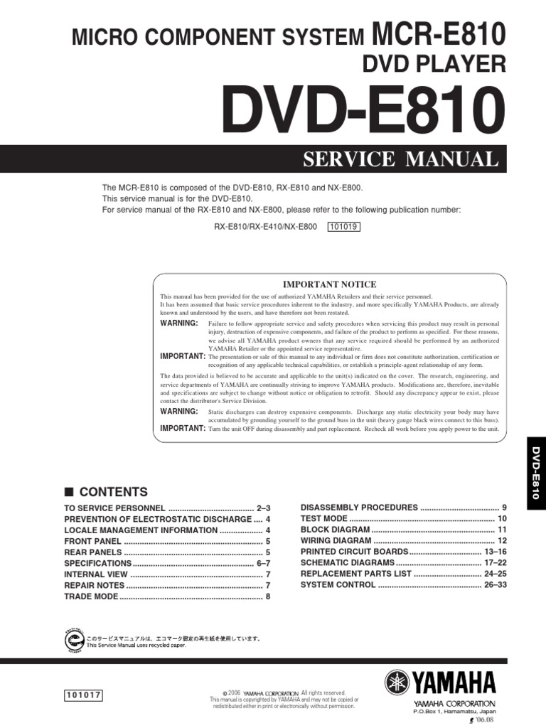 Yamaha DVD Player Dvd-E810 | PDF | Electrostatic Discharge | Laser