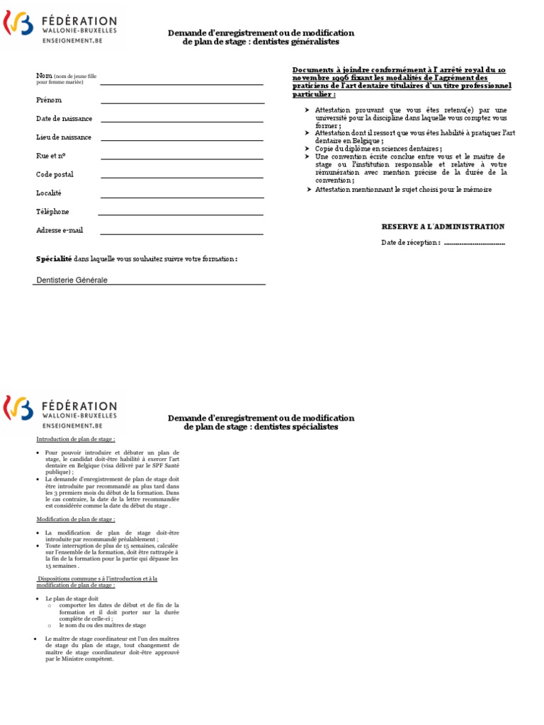 APSS - Dentiste Généraliste - Formulaire Enregistrement de Plan de Stage  (Ressource 12972) | PDF | Dentiste | Bien-être
