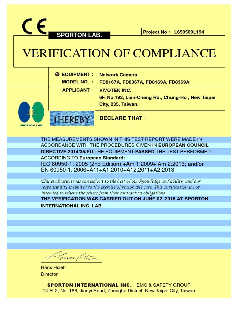 Verification of Compliance: Sporton Lab | PDF