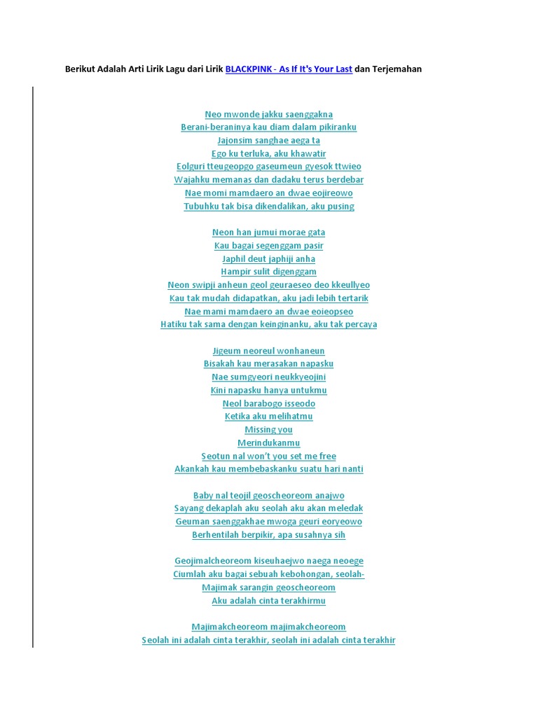 Lirik Lagu Blackpink As If Its Your Last