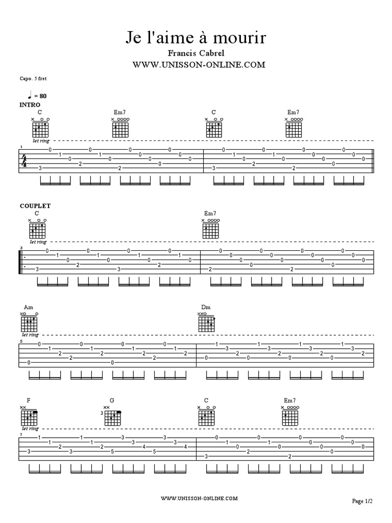 Je L Aime à Mourir Partition Pdf Je L Aime A Mourir Francis Cabrel Tablature Guitar Pro | PDF | Necked Lutes  | Celtic Musical Instruments