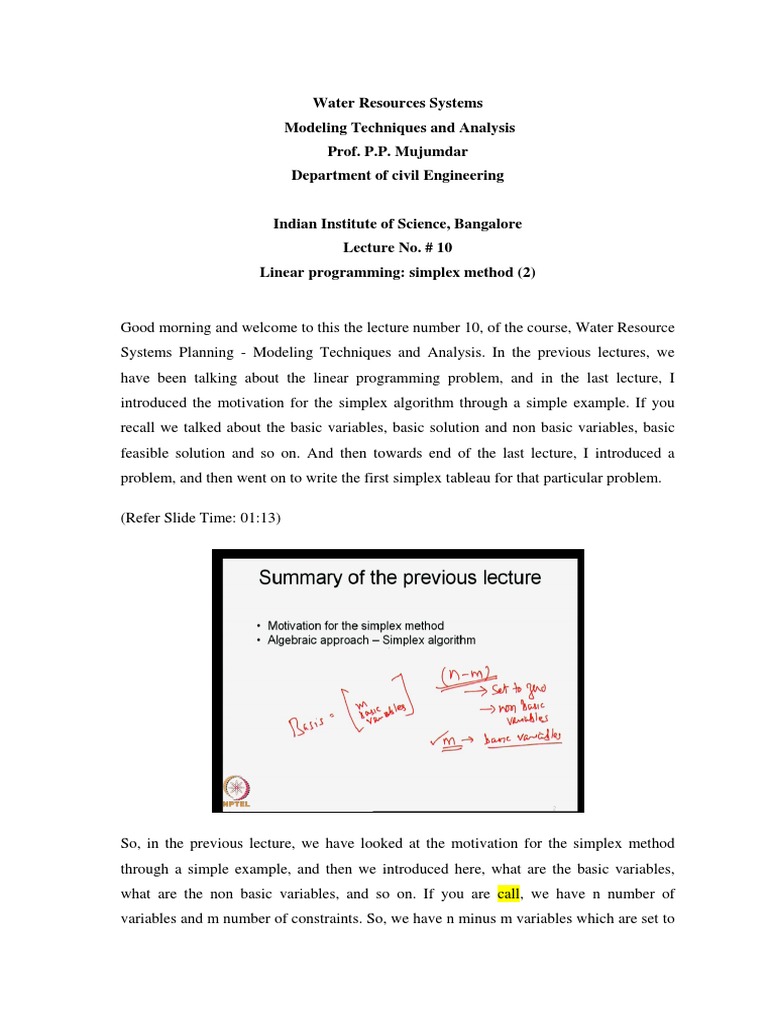 Water Resources Systems Modeling Techniques and Analysis Prof. P.P