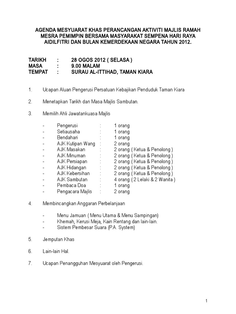 Agenda Mesyuarat Majlis Jamuan Hari Raya Aidilfitri