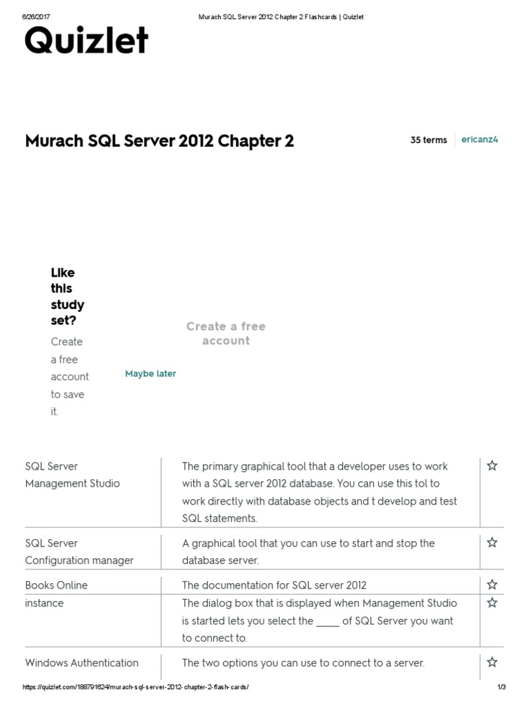 SQL Server 2012 Chapter 2 Flashcards | PDF | Microsoft Sql Server | Sql