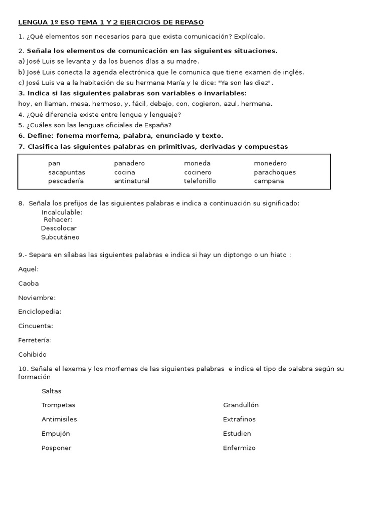 Ejercicios de Lengua 1º ESO: Temas 1 y 2 | PDF | Adjetivo | Palabra