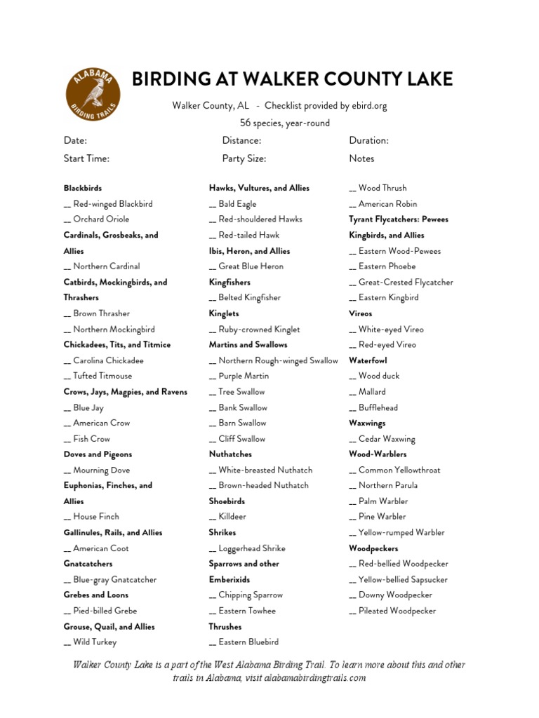 Walker County Lake Bird Checklist | PDF | Birds Of North America ...