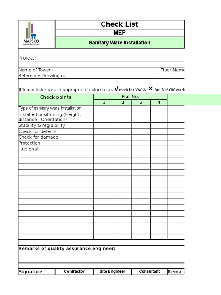 Sanitary Check List.xlsx Tap (Valve) Sink