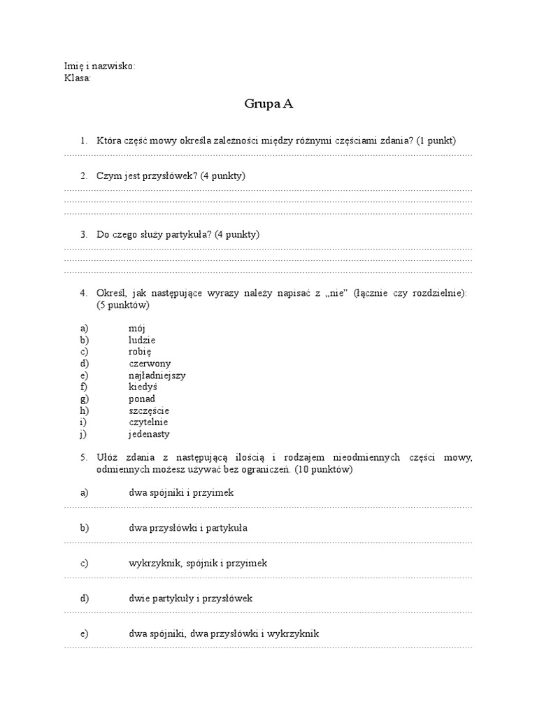 Sprawdzian Z Części Zdania Klasa 6 Z Odpowiedziami