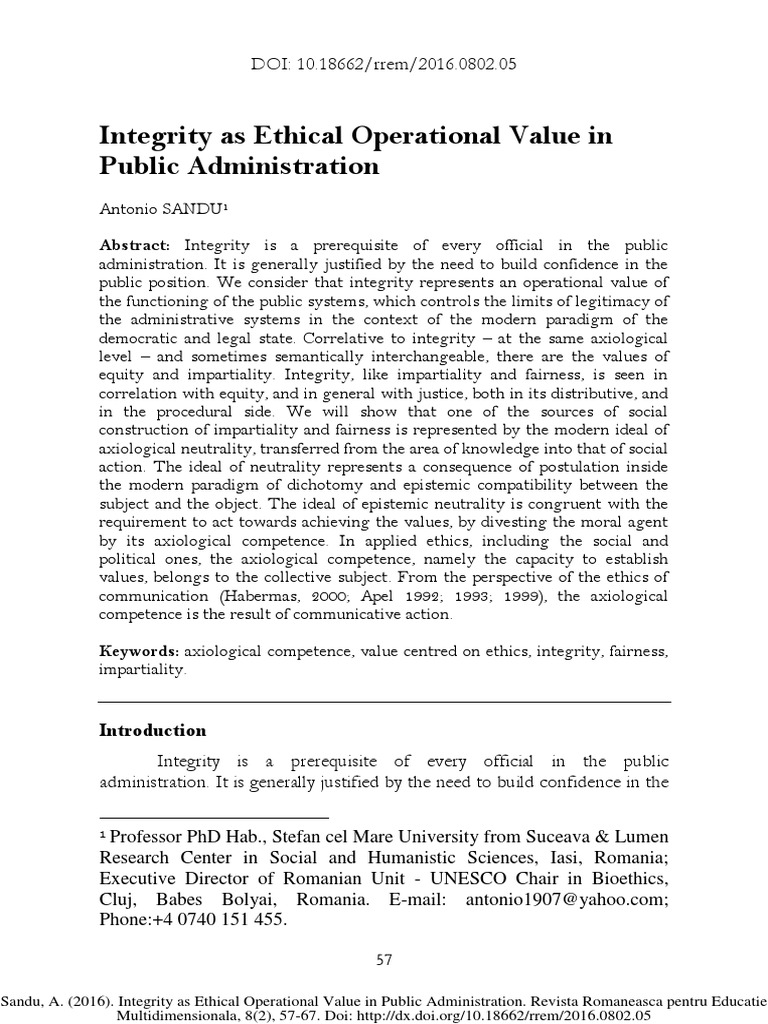 Integrity in Public Administration | PDF | Integrity | Autonomy