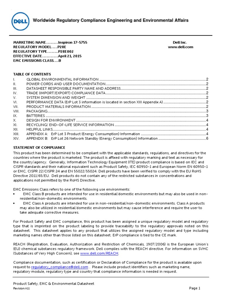 Dell Inspiron 5755, P28E, P28E002, DeLL Regulatory and Environmental ...