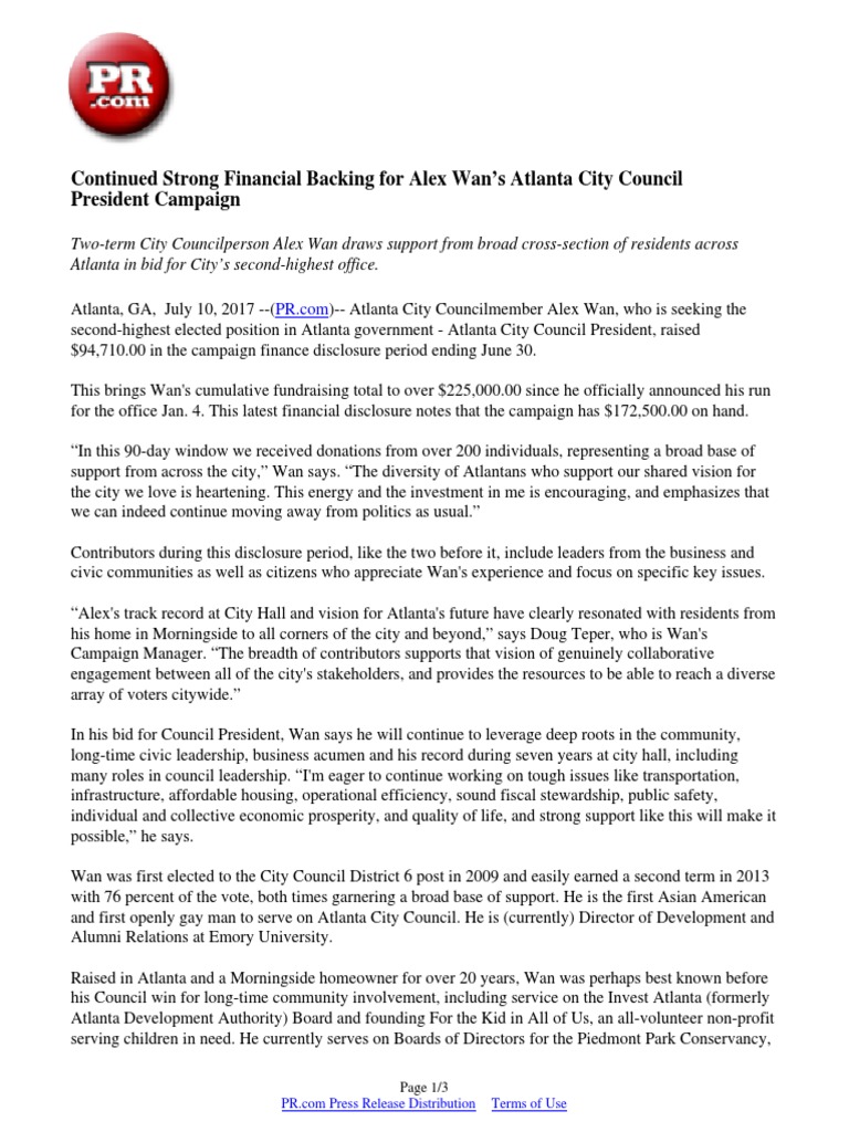Continued Strong Financial Backing for Alex Wan’s Atlanta City Council
