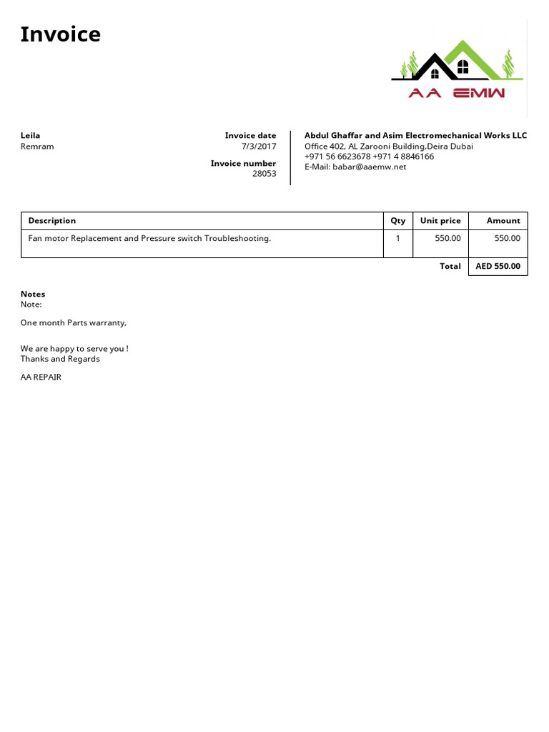Invoice for Electromechanical Services | PDF