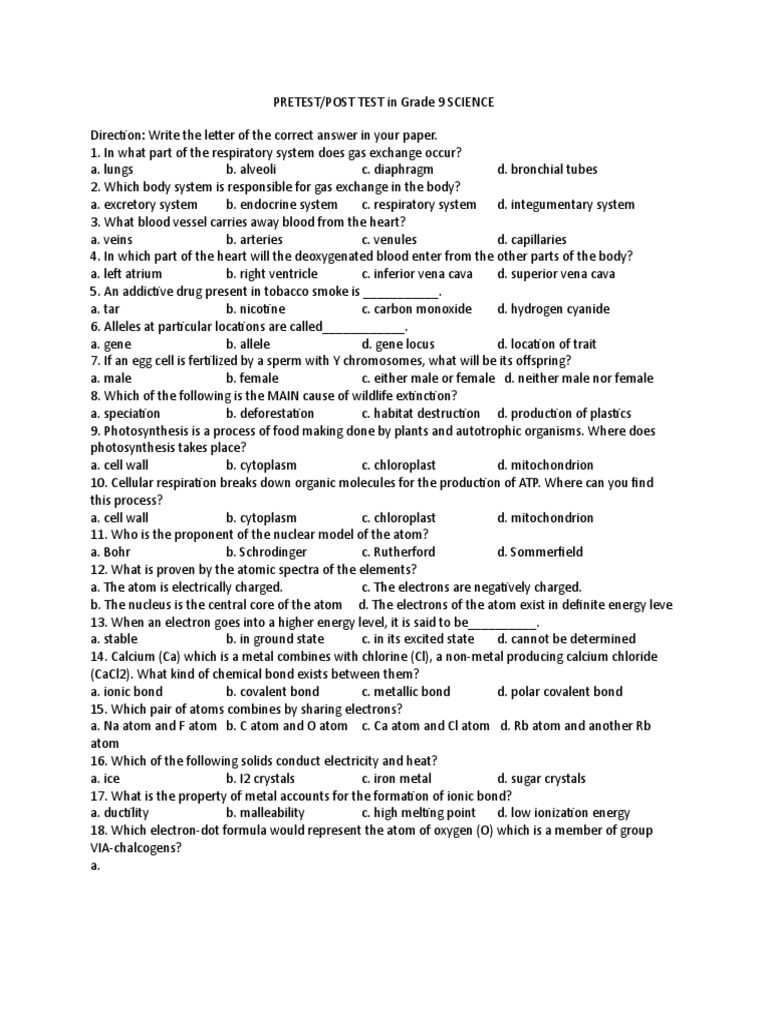 Grade 9 Science Pretest Questions | PDF | Chemical Bond | Electric ...