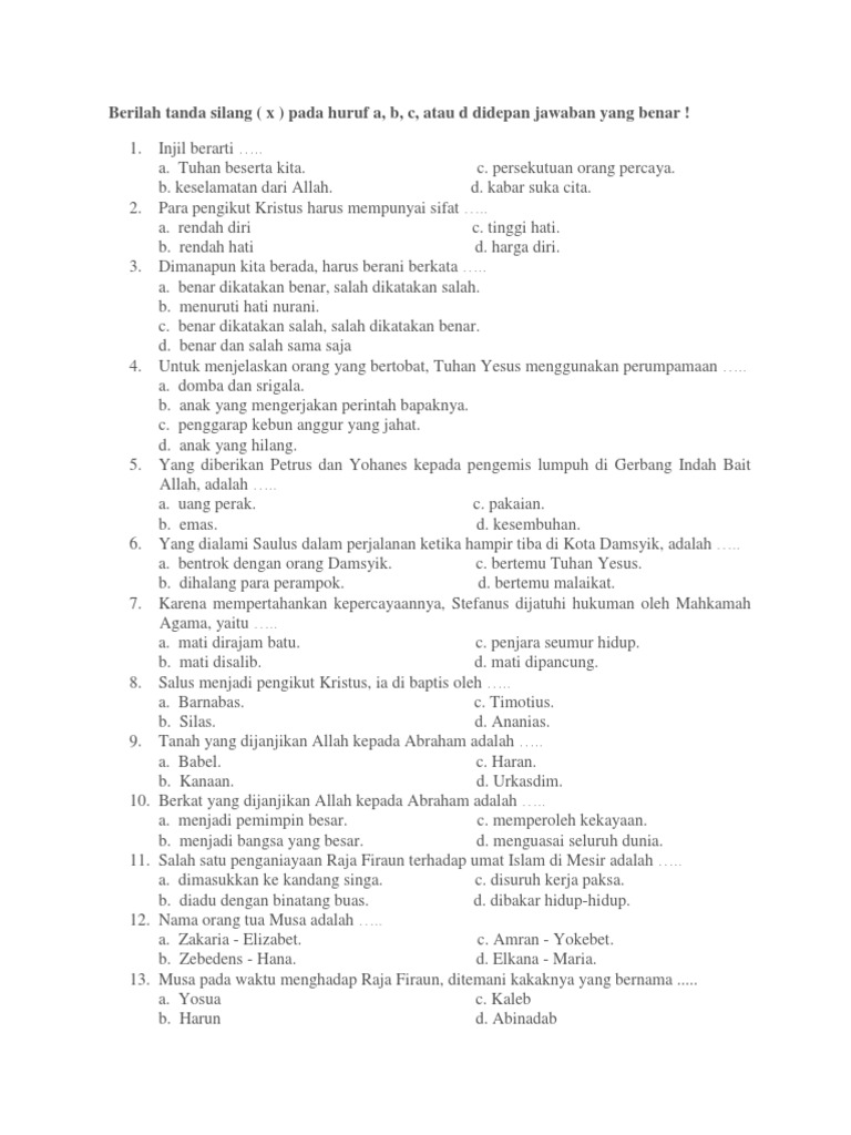 Soal Agama Kristen Kelas 6 Soal Agama Kristen Kelas 6