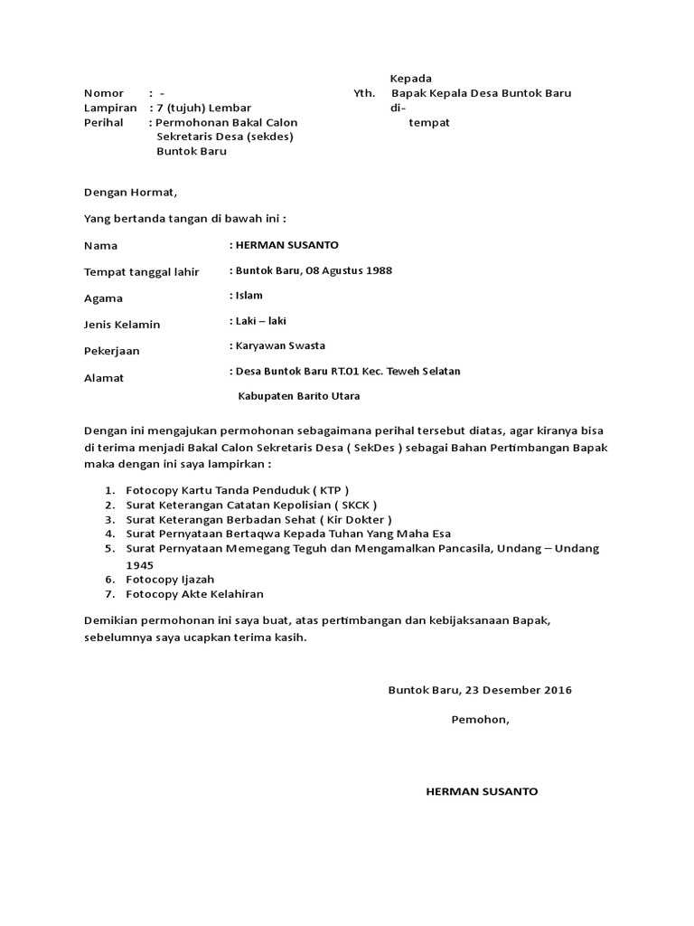 Surat Permohonan Sekdes Pdf