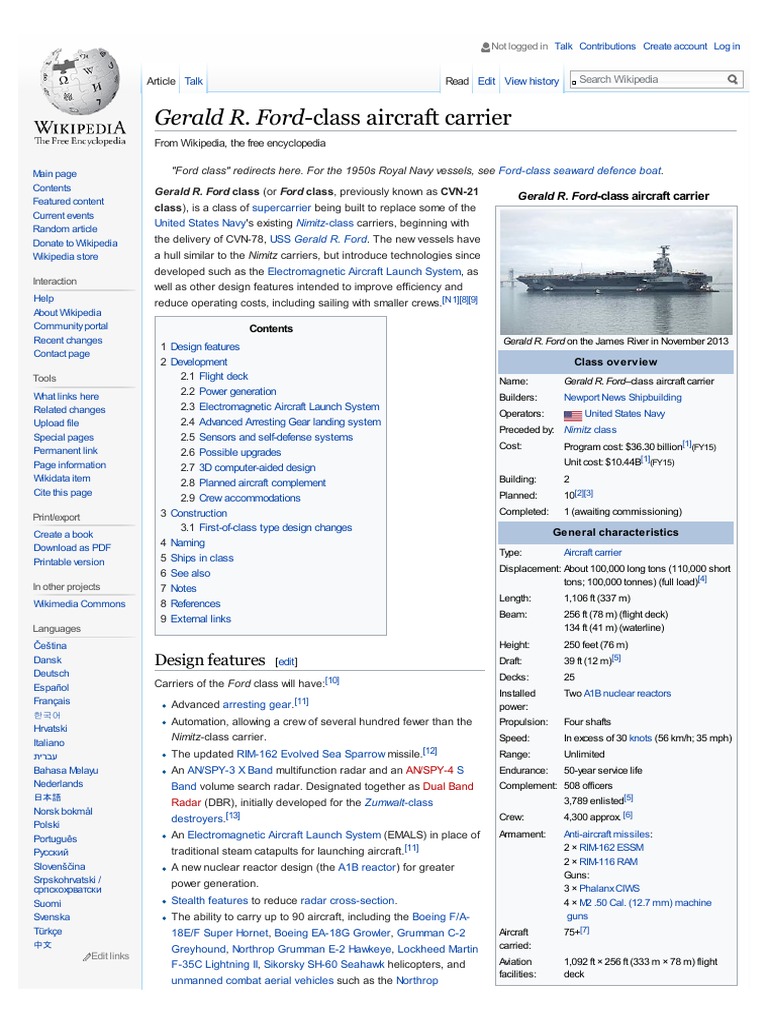 En-wikipedia-Org Gerald Ford Class | PDF | Military Technology | Naval ...