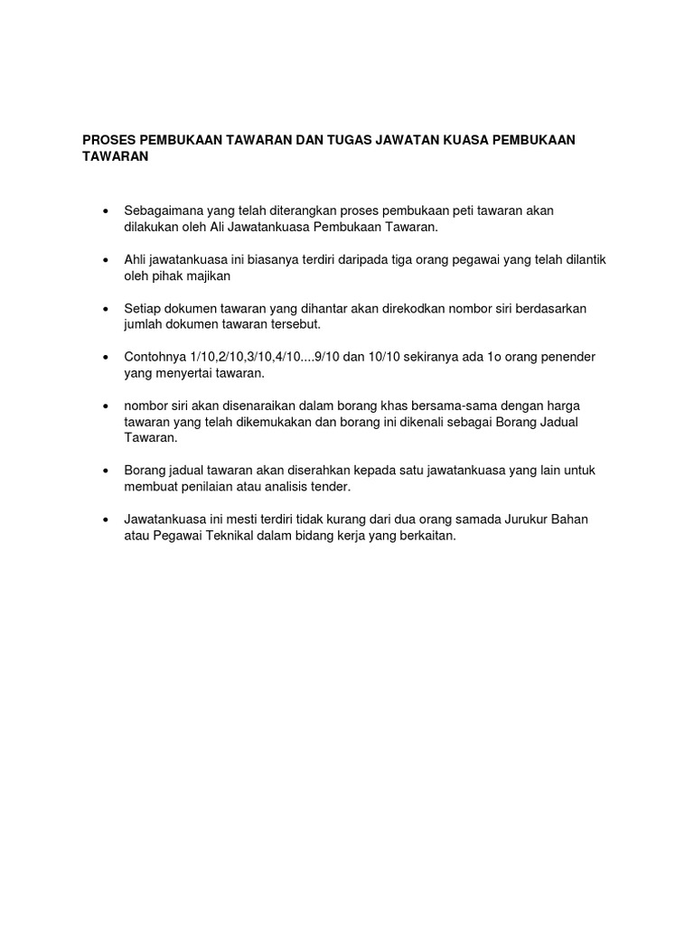 Proses Pembukaan Tawaran Dan Tugas Jawatan Kuasa Pembukaan Tawaran Ddila Pdf