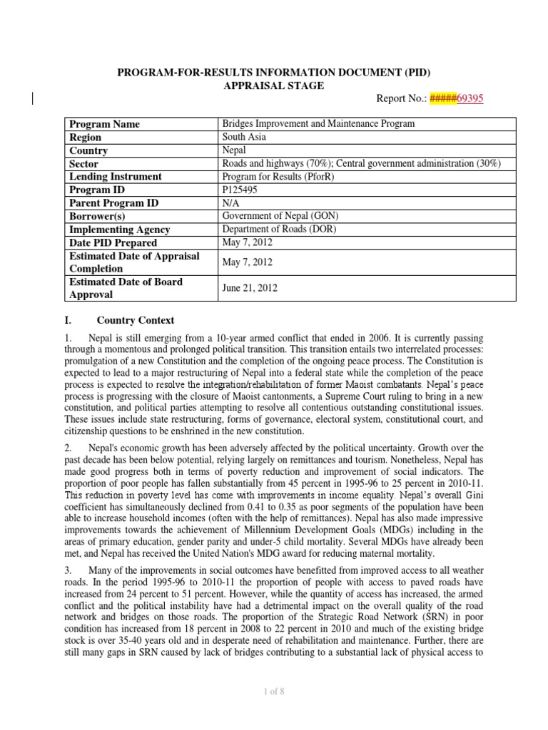 Nepal Bridges Improvement Program PID | PDF | Millennium Development ...