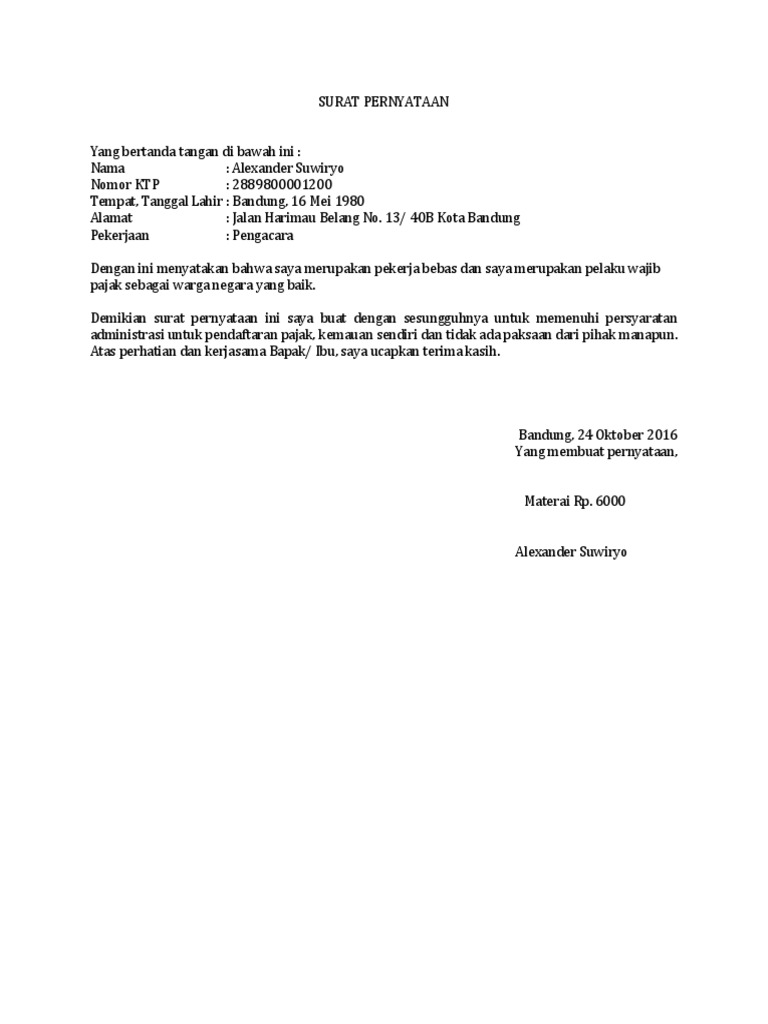 Contoh Surat Pernyataan Pekerja Bebas Untuk Npwp