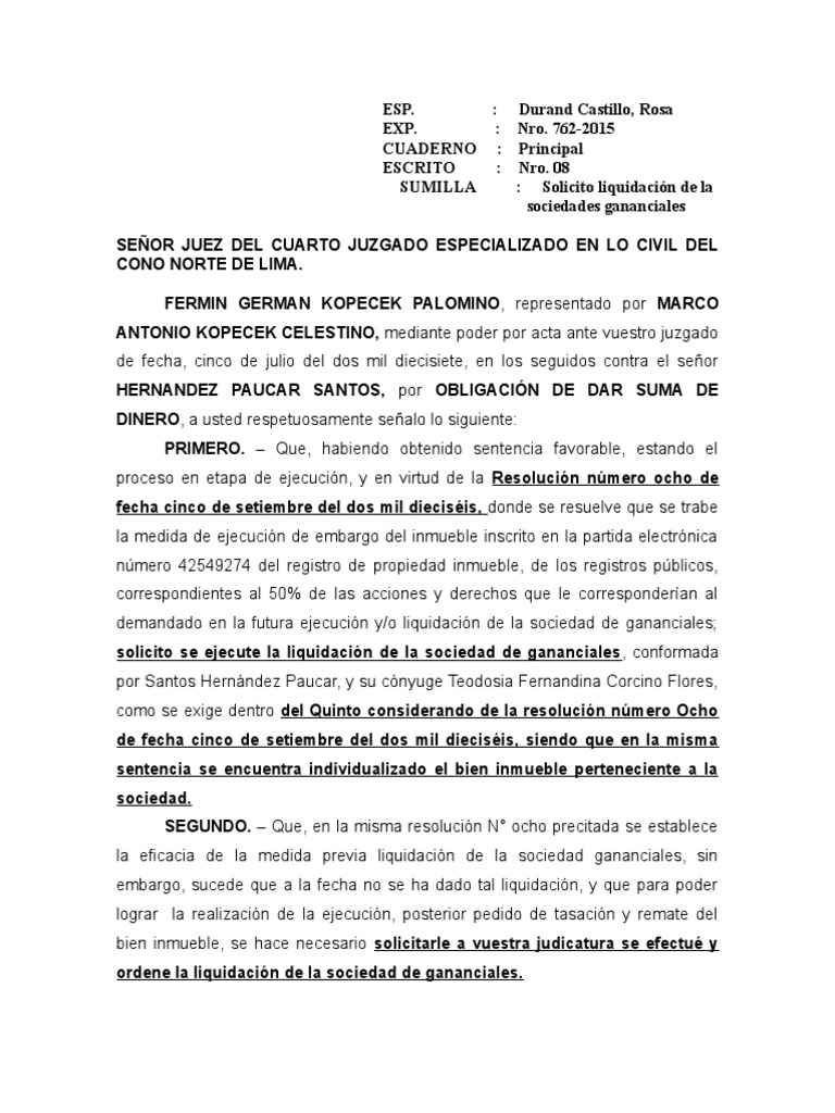 Escrito N° 08 liquidacion de sociedades ganaciales. Sociedad de responsabilidad limitada