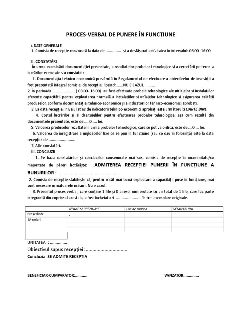 Proces Verbal De Punere In Functiune Model 1