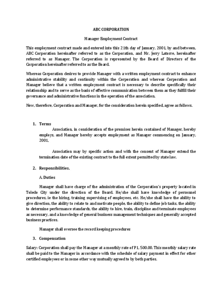 ABC Corporation Manager Contract Details | PDF | Employment | Board Of ...