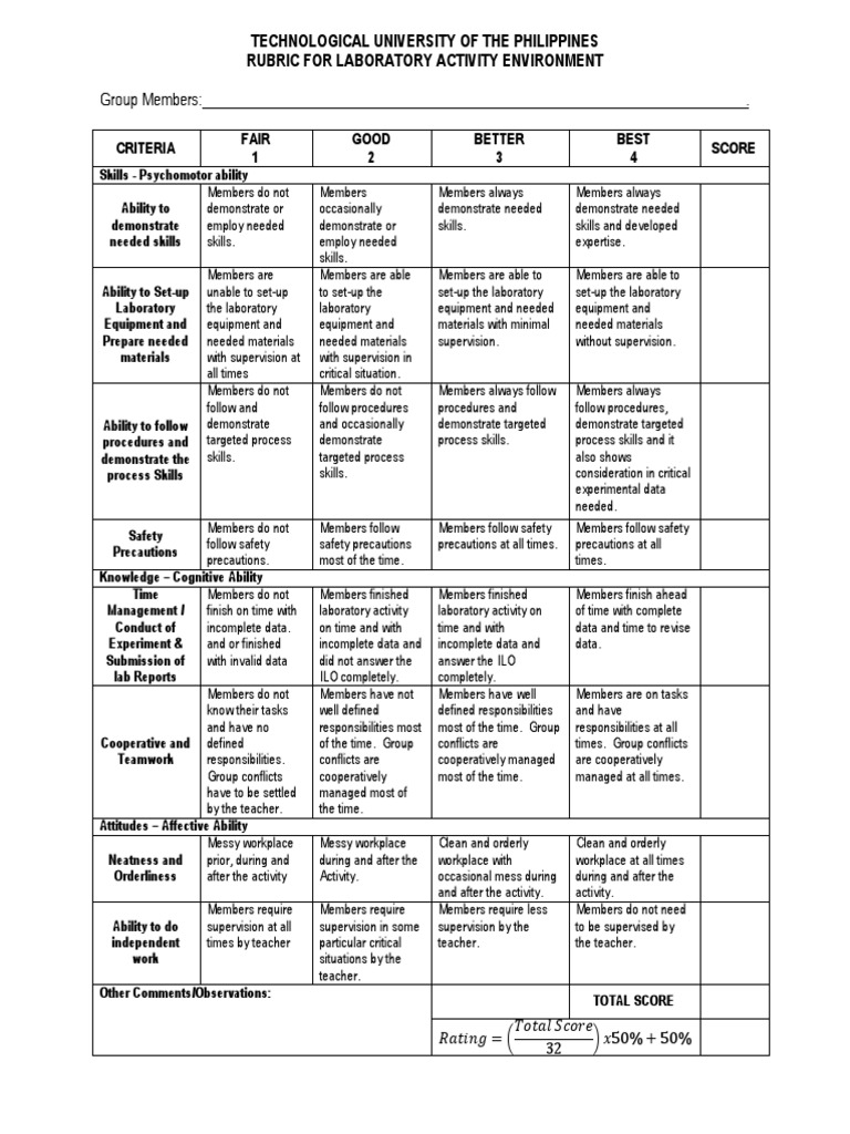 Rubrics For Laboratory Performance Lab Act PDF Laboratories