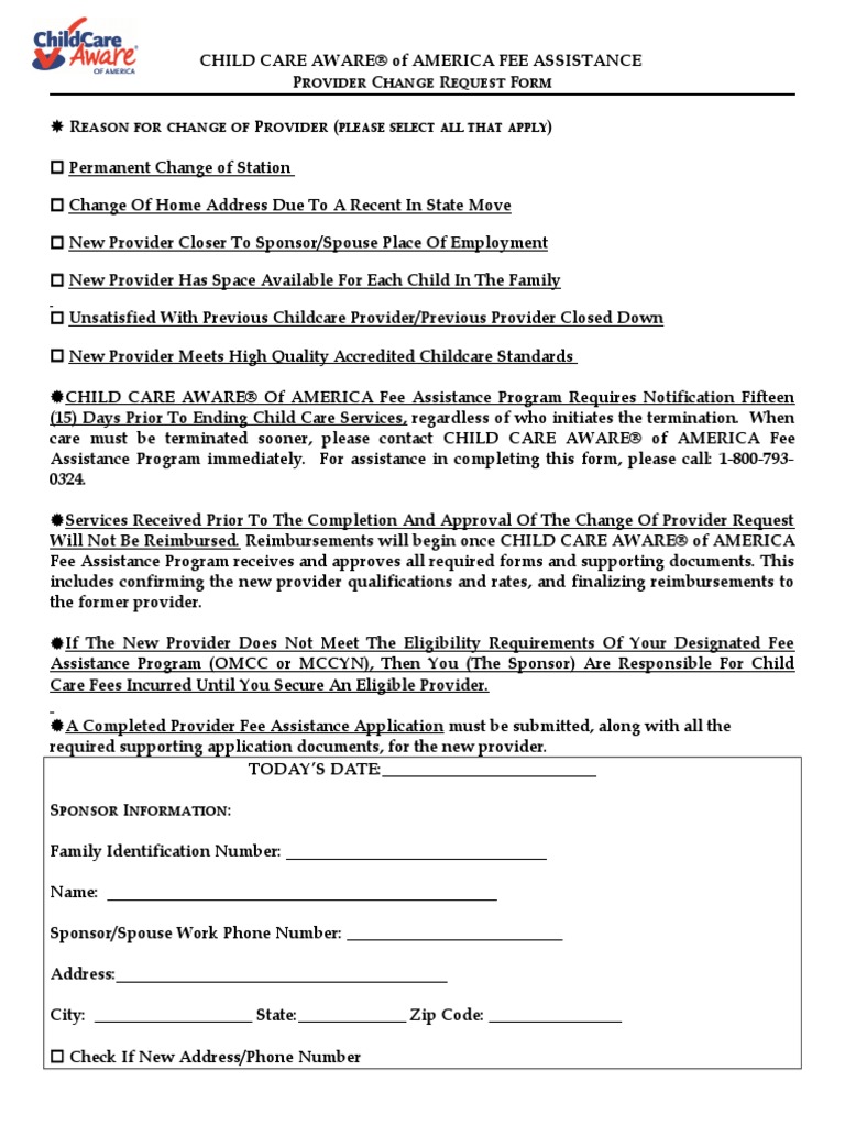 Child Care Provider Change Request Form | PDF | Child Care | Relationships