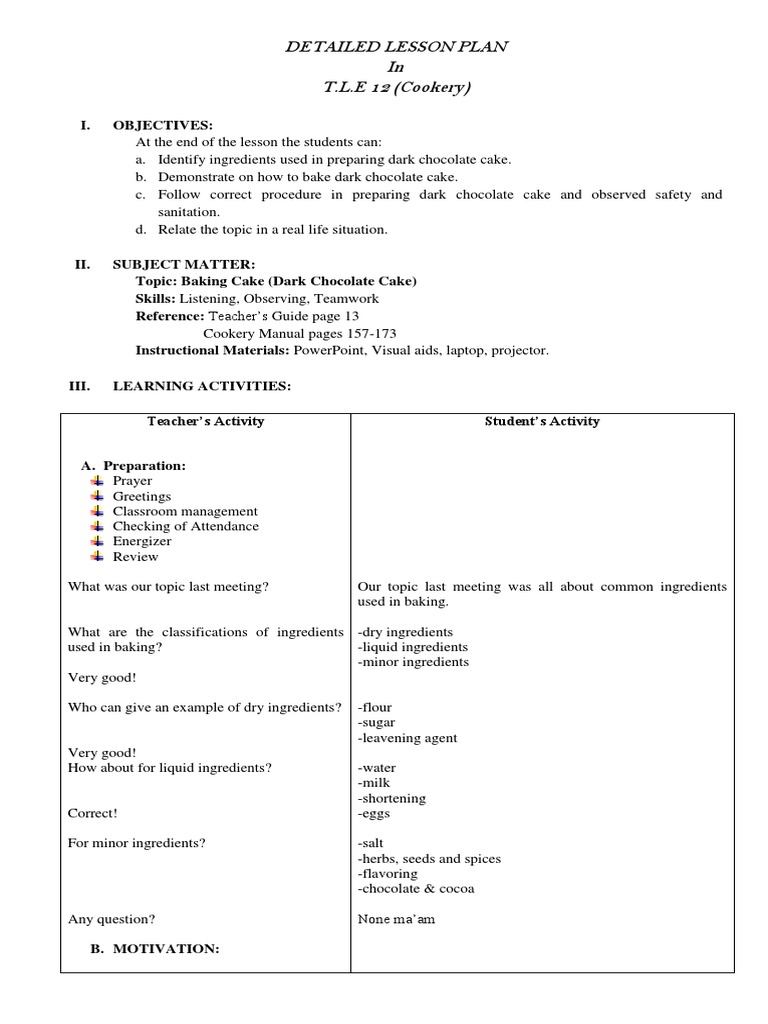 Lesson Plan in TLE Cookery Cakes Chocolate