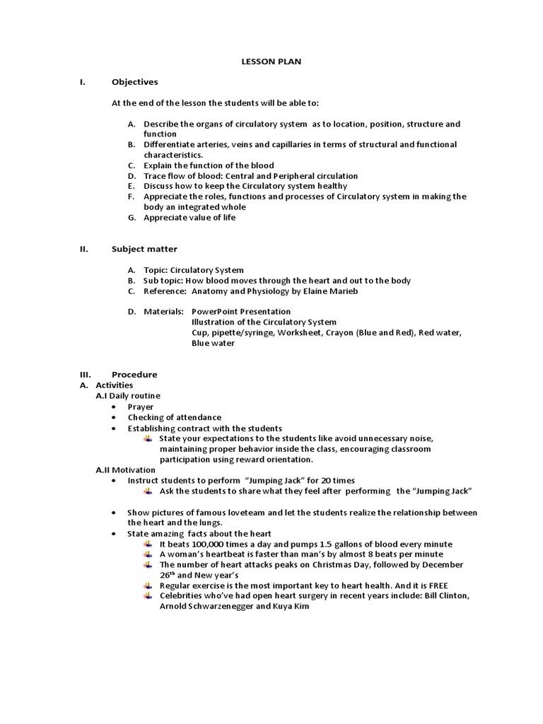 Cardio Lesson Plan Circulatory System Blood