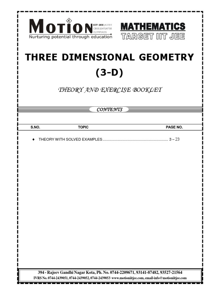 Motion Iit Jee Maths 3-D Geometry | PDF | Plane (Geometry) | Line ...