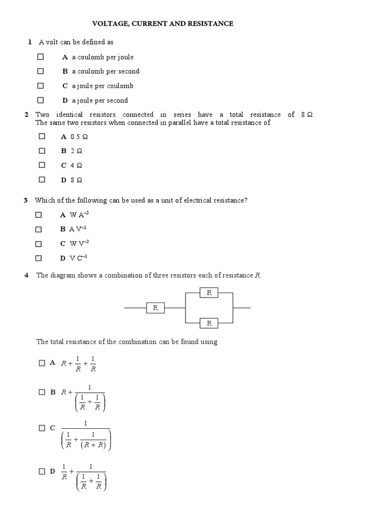 Electricity MCQ PDF Electric Current Volt