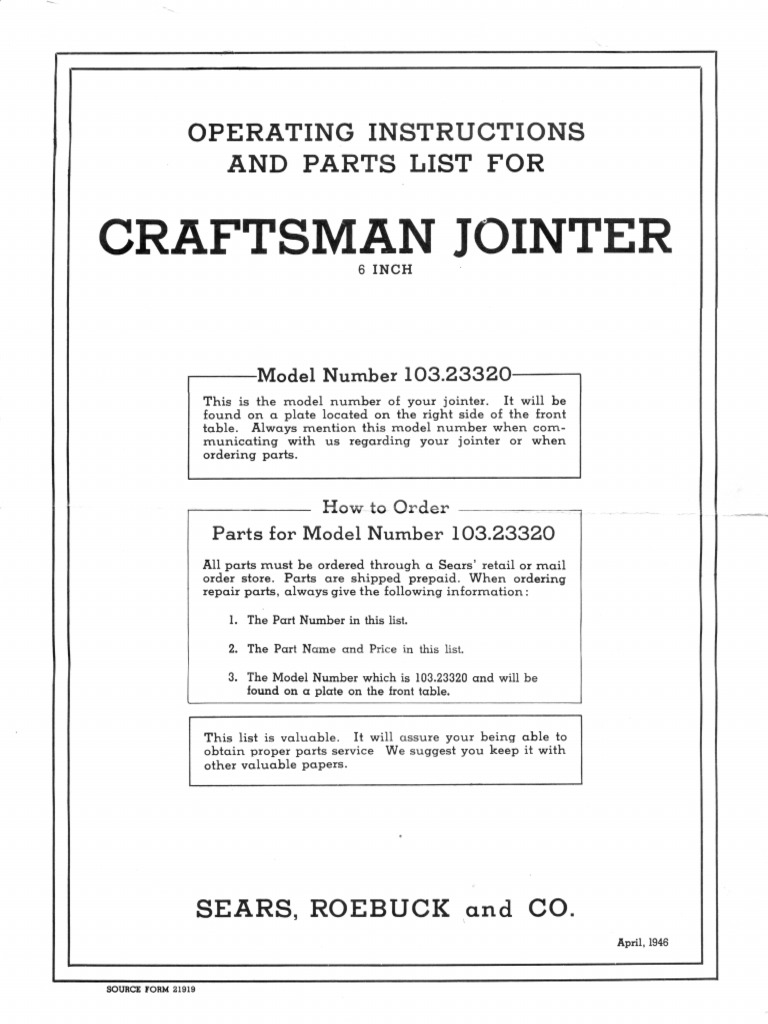 Craftsman Jointer 103.23320 User Manual PDF