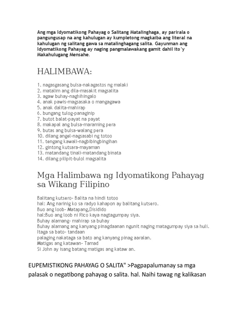 Ang Mga Idyomatikong Pahayag O Salitang Matalinghaga Pdf