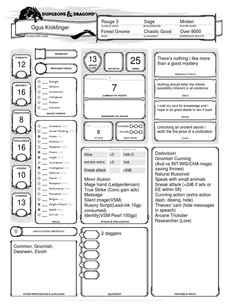 DnD_5E_CharacterSheet Form Fillable Gaming Role Playing Games
