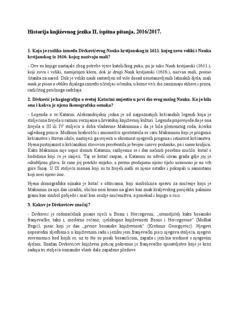 Historija Knjizevnog Jezika Ii Ispitna Pitanja