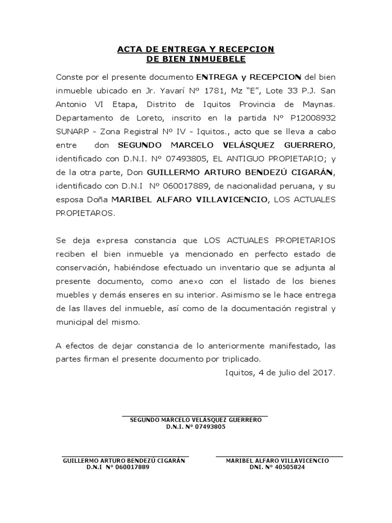 Acta de Entrega de Inmueble Piros PDF