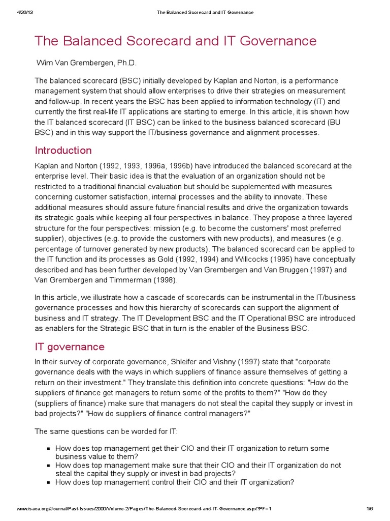 The Balanced Scorecard and IT Governance PDF | PDF | Governance ...