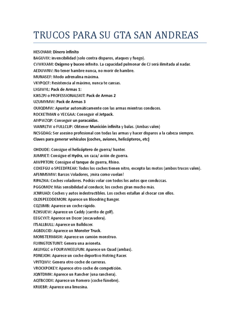 Trucos para Su Gta San Andreas PDF Vehículos Conflicto armado