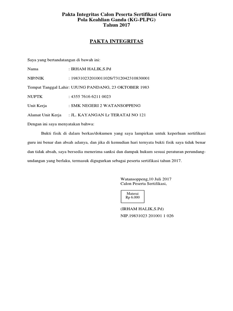 Format Pakta Integritas Calon Peserta Sertifikasi Guru (1)