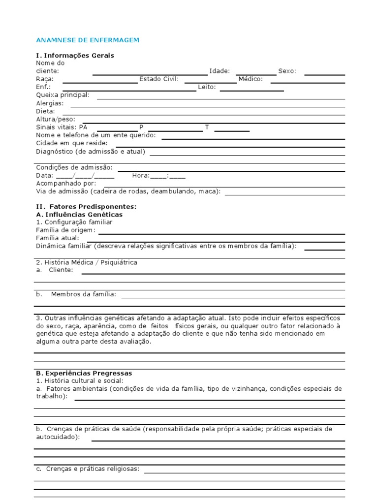 Ficha de Anamnese em Enfermagem | PDF | Enfermagem | Dormir